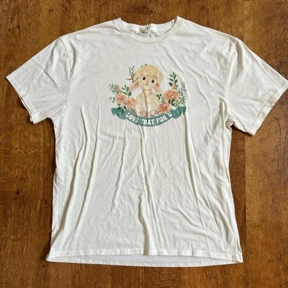 Love That For U Baby Lamb Graphic T-Shirt Cream White Mens XL Streetwear Y2K